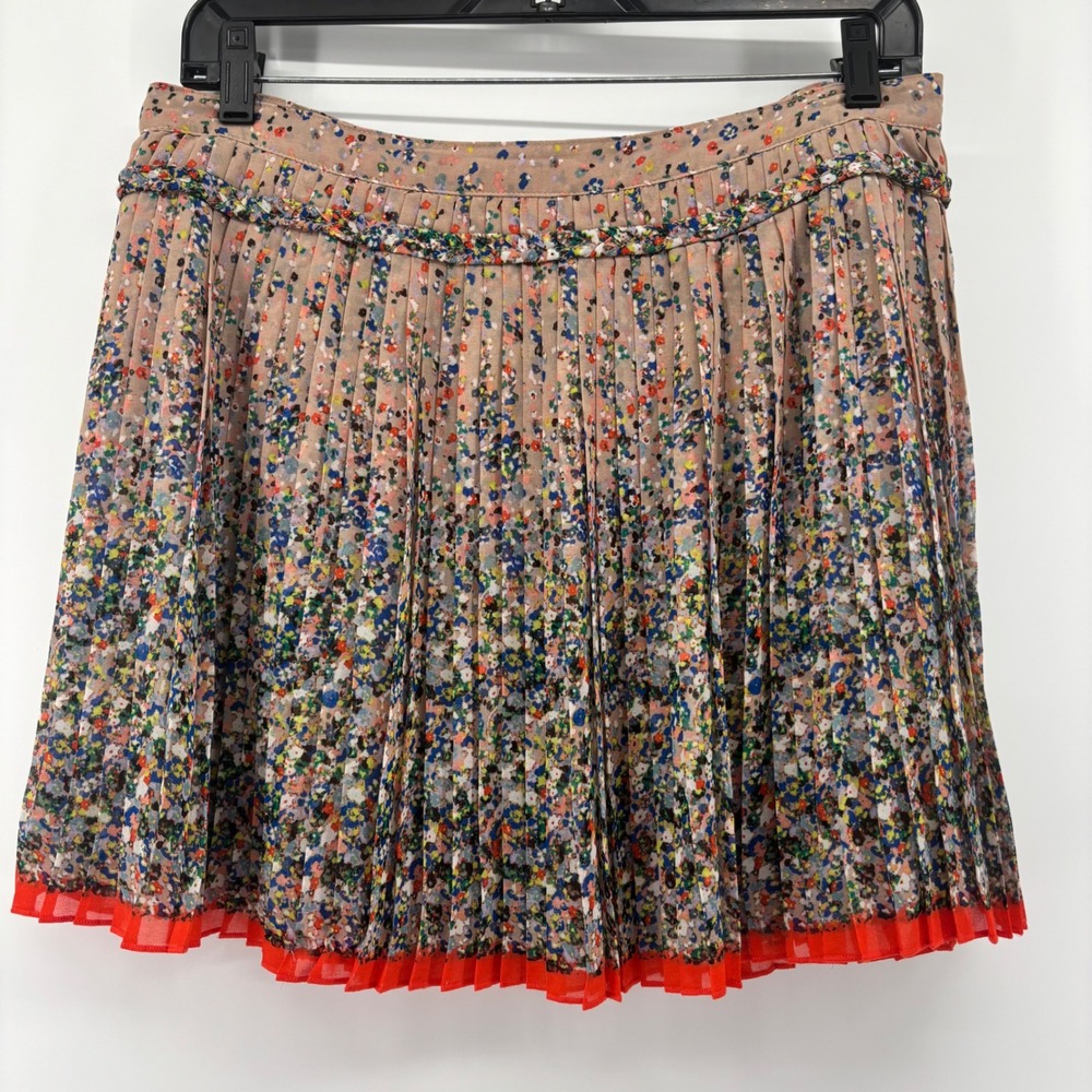 American Eagle Outfitters Floral Pleated Mini Skirt Braided Waist Orange Hem 10